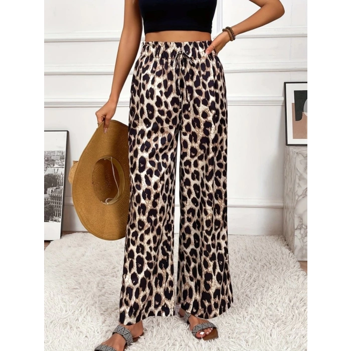 Kadın Yüksek Bel Beli Lastikli Bağcıklı Leopar Desenli Süprem Pantolon