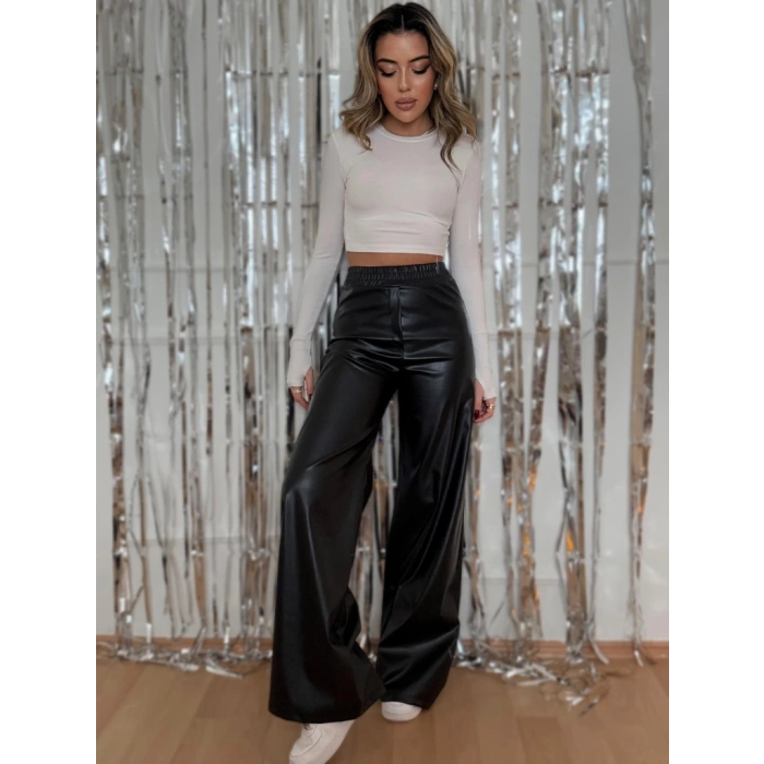 Kadın Yüksek Bel Beli Lastikli Geniş Paçalı Deri Pantolon