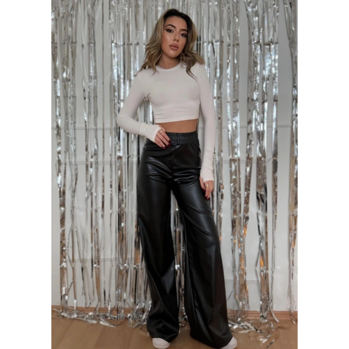 Kadın Yüksek Bel Beli Lastikli Geniş Paçalı Deri Pantolon