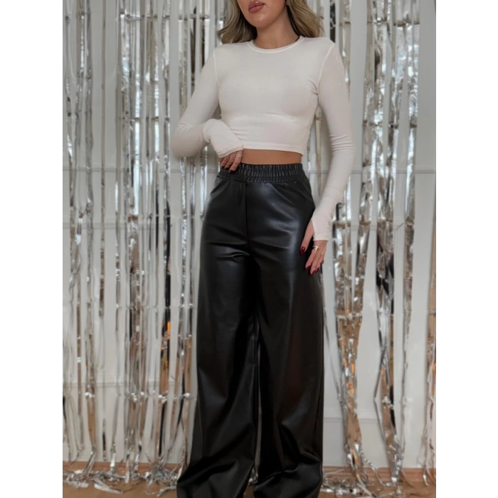 Kadın Yüksek Bel Beli Lastikli Geniş Paçalı Deri Pantolon