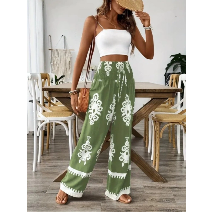 Kadın Yüksek Bel Büzgülü Etnik Desen Baskılı Süprem Pantolon