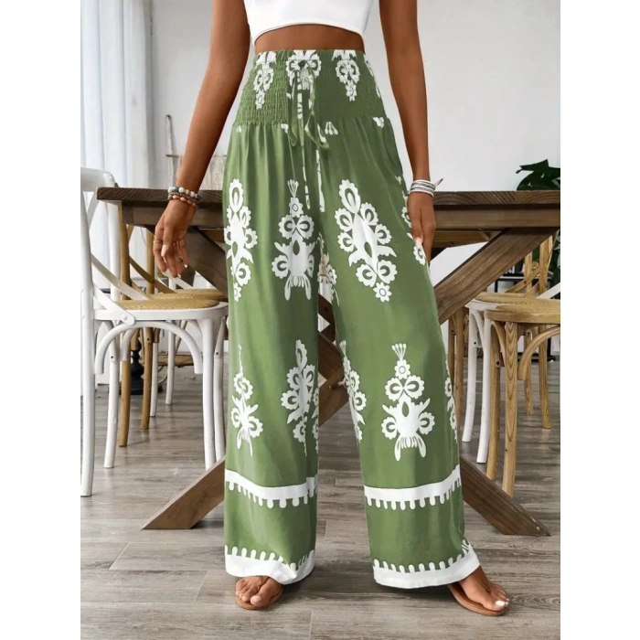 Kadın Yüksek Bel Büzgülü Etnik Desen Baskılı Süprem Pantolon