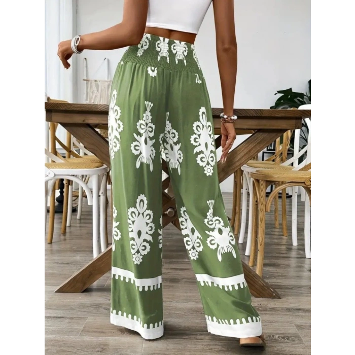 Kadın Yüksek Bel Büzgülü Etnik Desen Baskılı Süprem Pantolon