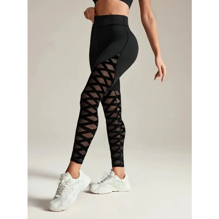 Kadın Yüksek Bel çapraz Desen Tül Detaylı Spor Dalgıç Tayt