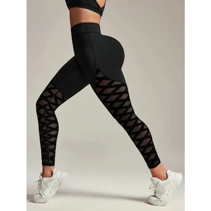 Kadın Yüksek Bel çapraz Desen Tül Detaylı Spor Dalgıç Tayt