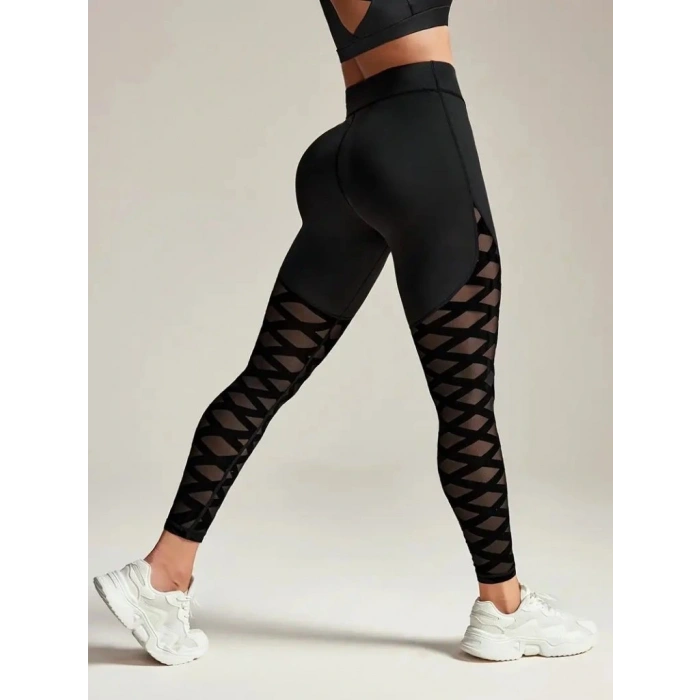 Kadın Yüksek Bel çapraz Desen Tül Detaylı Spor Dalgıç Tayt