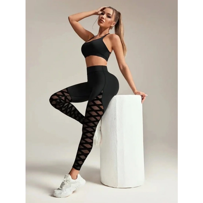 Kadın Yüksek Bel çapraz Desen Tül Detaylı Spor Dalgıç Tayt