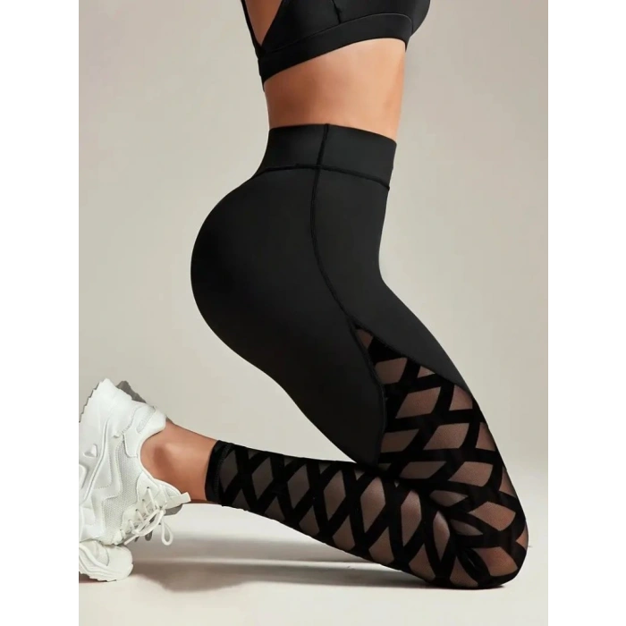 Kadın Yüksek Bel çapraz Desen Tül Detaylı Spor Dalgıç Tayt