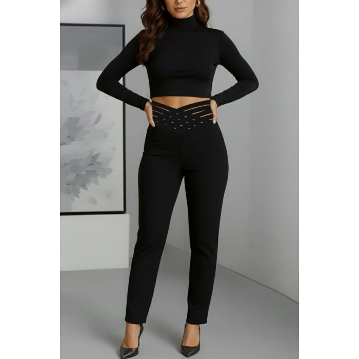 Kadın Yüksek Bel çapraz şerit Detaylı Ithal Krep Pantolon