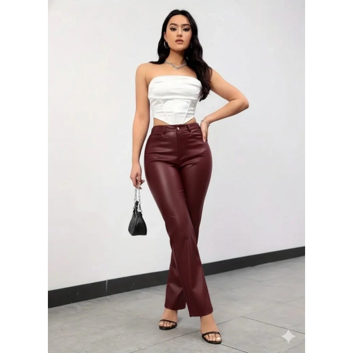 Kadın Yüksek Bel Cepli Deri Pantolon