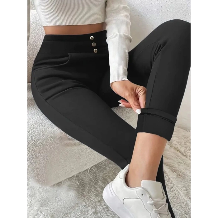 Kadın Yüksek Bel Cepli Düğmeli şardonlu Dalgıç Tayt Pantolon