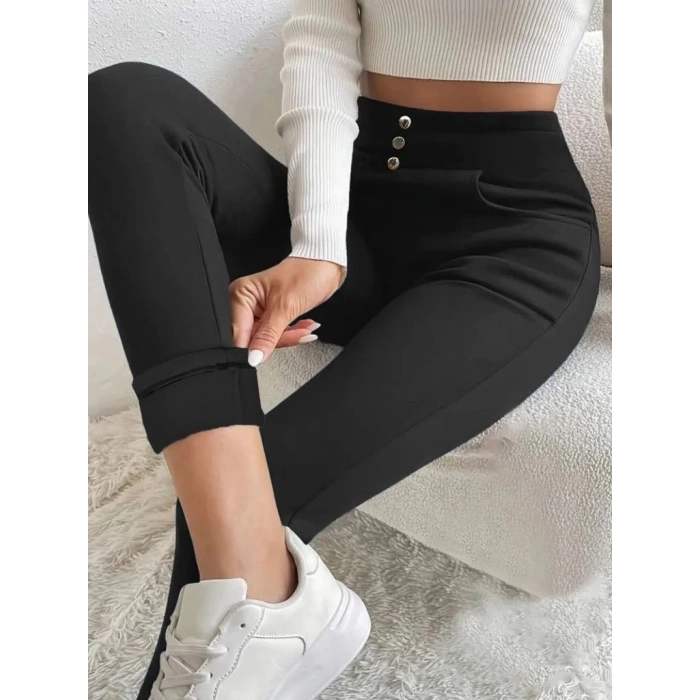 Kadın Yüksek Bel Cepli Düğmeli şardonlu Dalgıç Tayt Pantolon