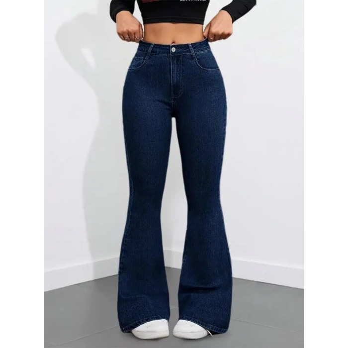 Kadın Yüksek Bel Cepli İspanyol Paçalı Kot Pantolon