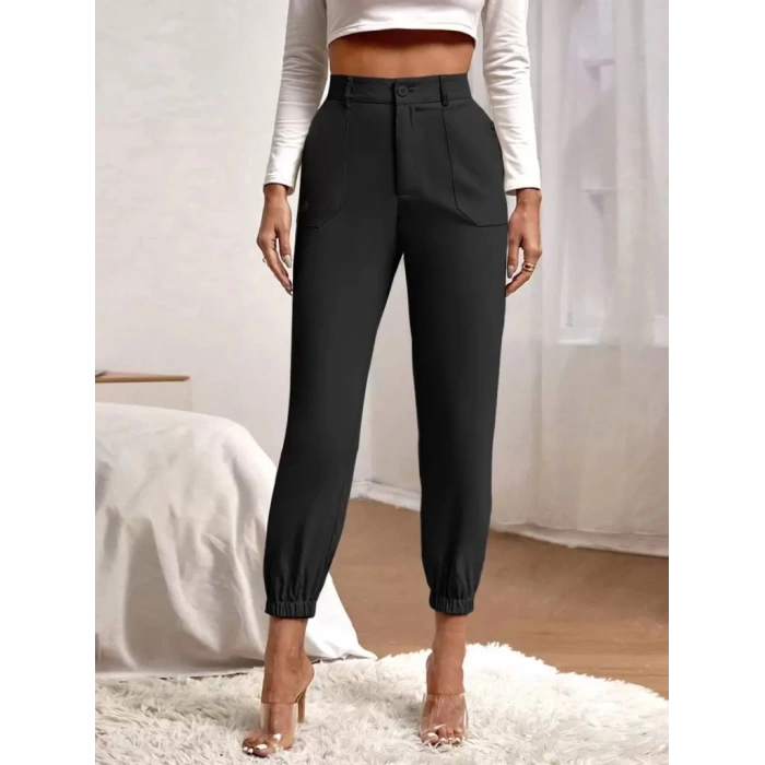 Kadın Yüksek Bel Cepli Paçası Lastikli Ithal Krep Pantolon