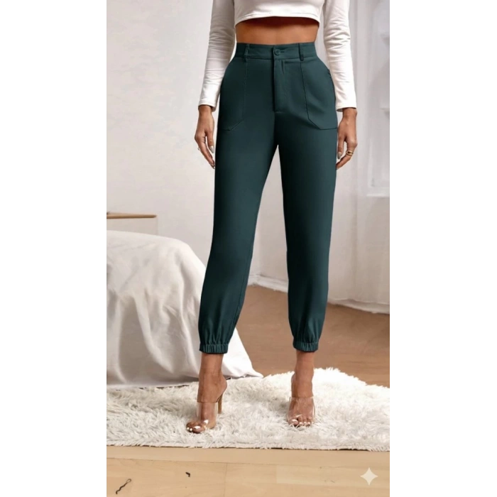 Kadın Yüksek Bel Cepli Paçası Lastikli Ithal Krep Pantolon