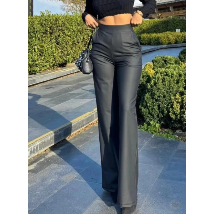 Kadın Yüksek Bel Cepli şardonlu Geniş Paçalı Mat Deri Pantolon
