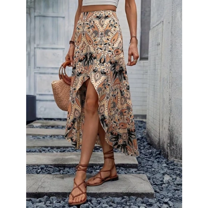 Kadın Yüksek Bel çiçek Desenli önü Asimetrik Detaylı Uzun Süprem Etek