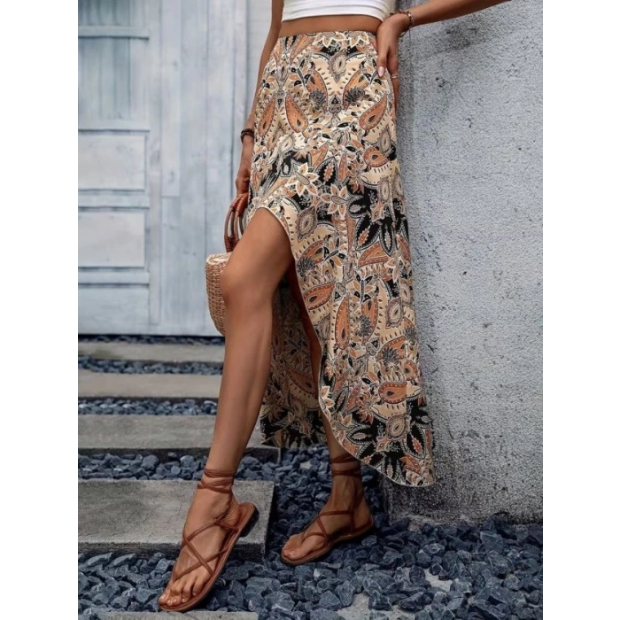 Kadın Yüksek Bel çiçek Desenli önü Asimetrik Detaylı Uzun Süprem Etek