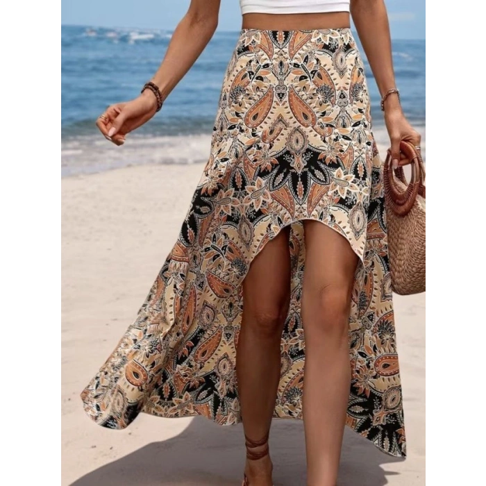 Kadın Yüksek Bel çiçek Desenli önü Asimetrik Detaylı Uzun Süprem Etek