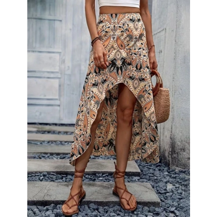 Kadın Yüksek Bel çiçek Desenli önü Asimetrik Detaylı Uzun Süprem Etek
