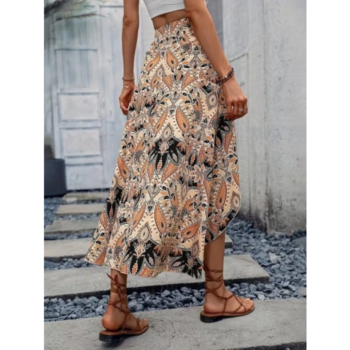 Kadın Yüksek Bel çiçek Desenli önü Asimetrik Detaylı Uzun Süprem Etek