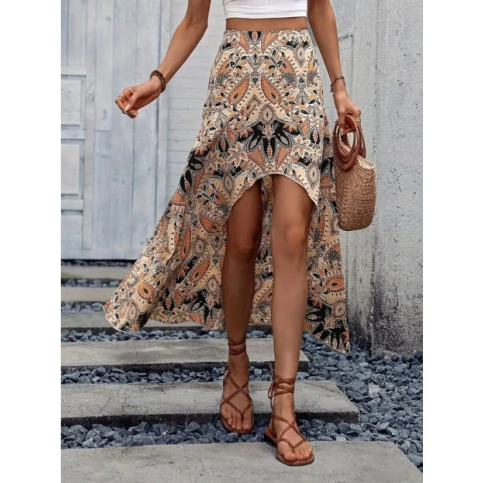 Kadın Yüksek Bel çiçek Desenli önü Asimetrik Detaylı Uzun Süprem Etek