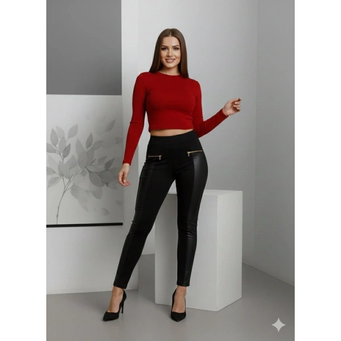 Kadın Yüksek Bel Deri Detaylı Fermuarlı Dalgıç Tayt