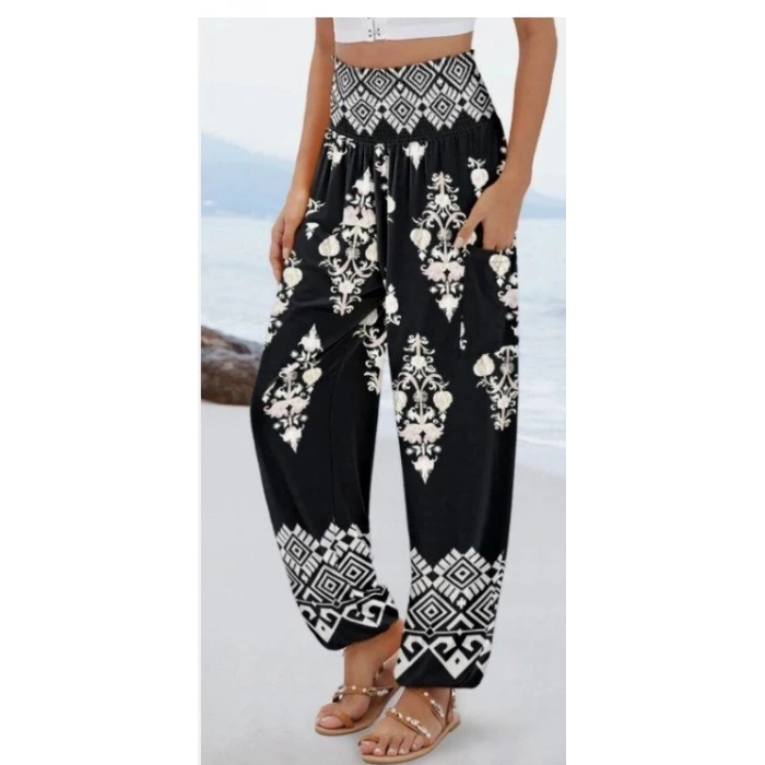 Kadın Yüksek Bel Desenli Lastikli Süprem Pantolon