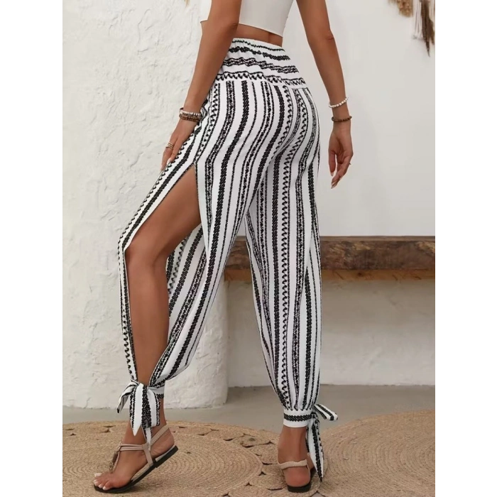 Kadın Yüksek Bel Desenli Paçadan Bağlamalı Yanları Yırtmaçlı Süprem Pantolon