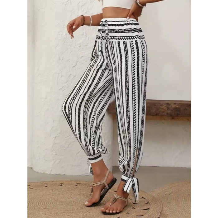 Kadın Yüksek Bel Desenli Paçadan Bağlamalı Yanları Yırtmaçlı Süprem Pantolon