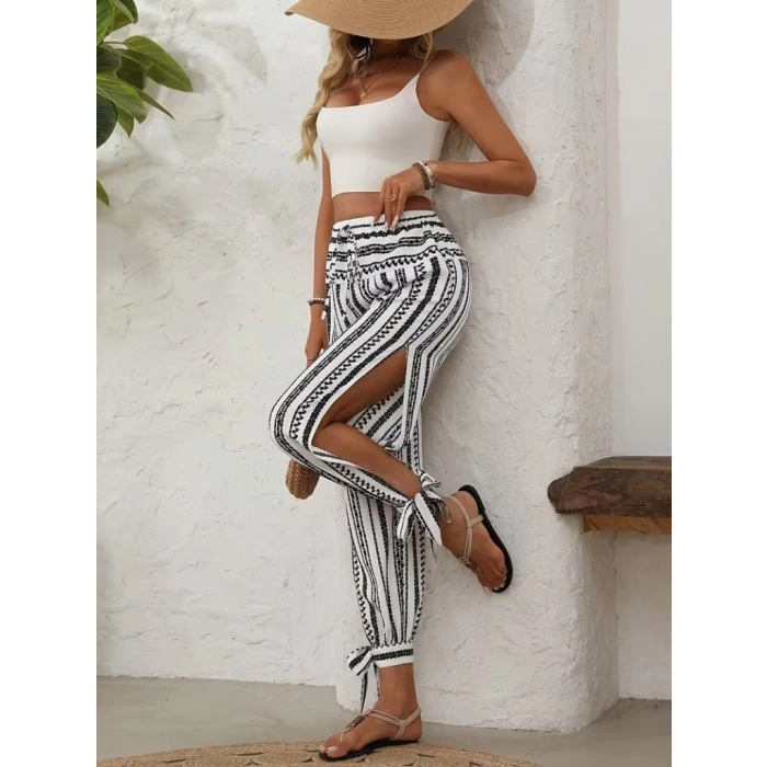 Kadın Yüksek Bel Desenli Paçadan Bağlamalı Yanları Yırtmaçlı Süprem Pantolon