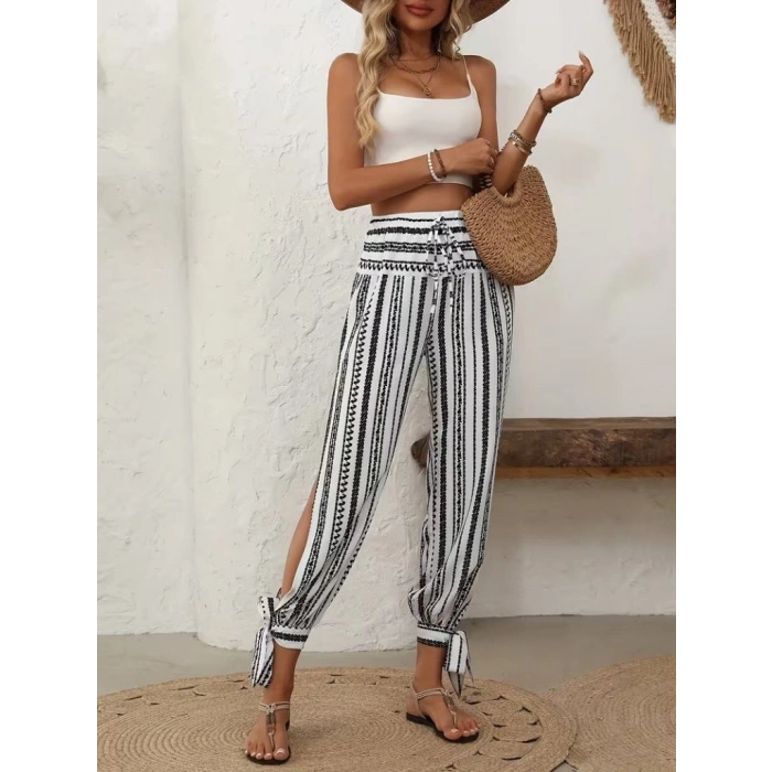 Kadın Yüksek Bel Desenli Paçadan Bağlamalı Yanları Yırtmaçlı Süprem Pantolon