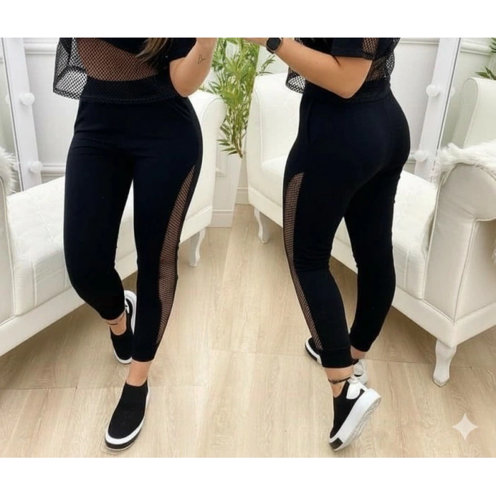 Kadın Yüksek Bel File Detaylı Dar Kesim Viskon Iki Iplik Pantolon