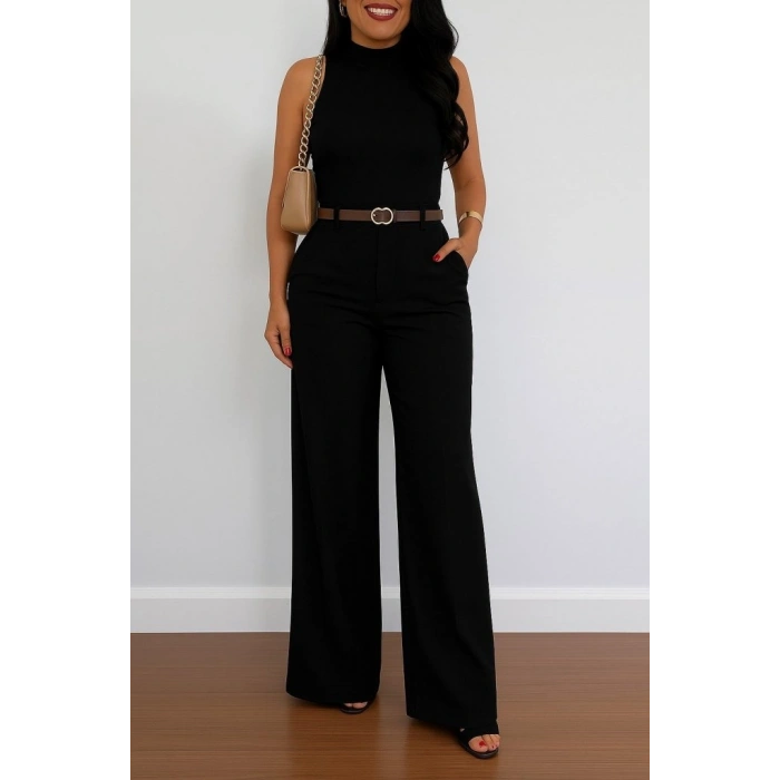 Kadın Yüksek Bel Geniş Paça Detaylı Cepli Ithal Krep Pantolon