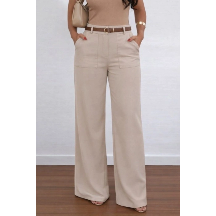 Kadın Yüksek Bel Geniş Paça Detaylı Cepli Ithal Krep Pantolon