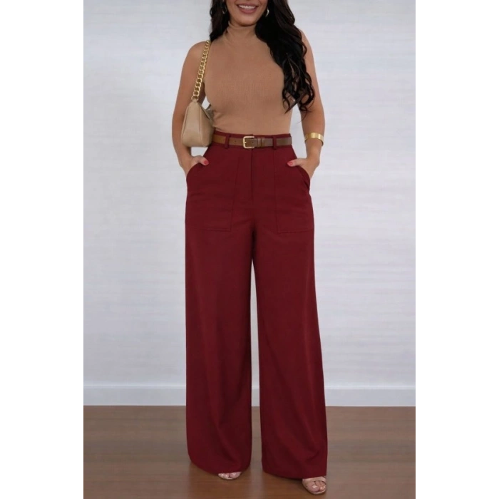 Kadın Yüksek Bel Geniş Paça Detaylı Cepli Ithal Krep Pantolon