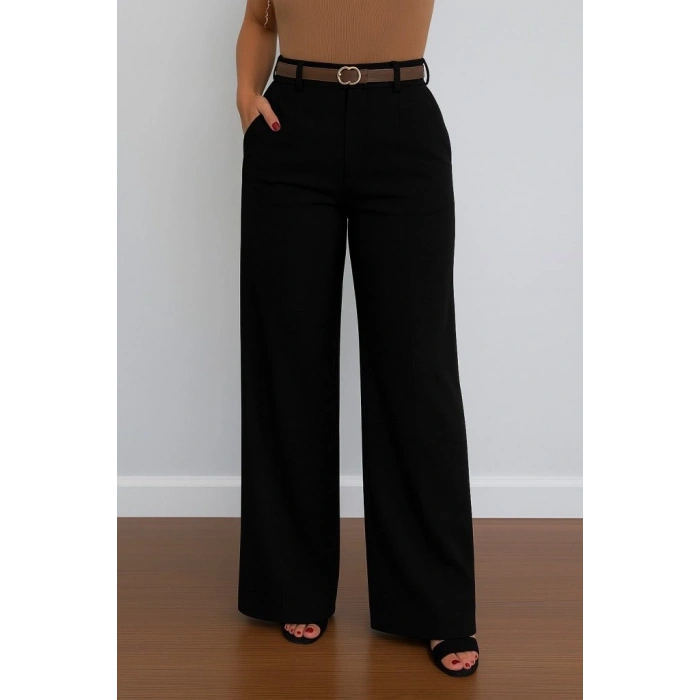 Kadın Yüksek Bel Geniş Paça Detaylı Cepli Ithal Krep Pantolon