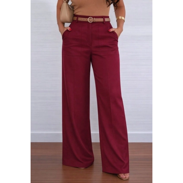 Kadın Yüksek Bel Geniş Paça Detaylı Cepli Ithal Krep Pantolon