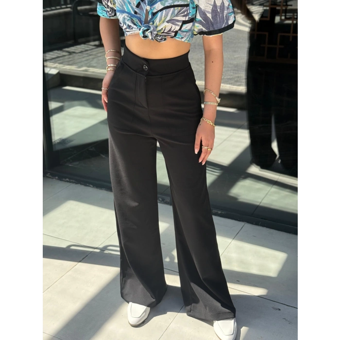 Kadın Yüksek Bel Geniş Paça Detaylı Cepli Ithal Krep Pantolon