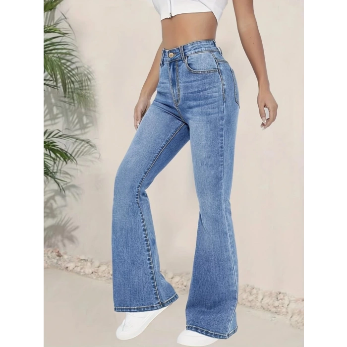 Kadın Yüksek Bel İspanyol Paça Kot Pantolon