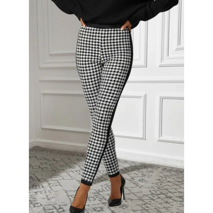 Kadın Yüksek Bel Kaz Ayağı Desenli Yanları şeritli Dalgıç Pantolon