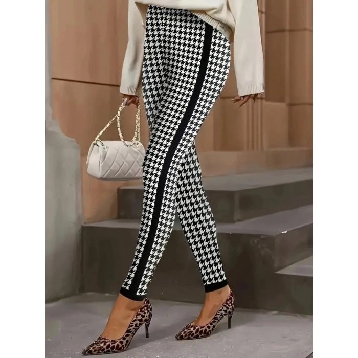 Kadın Yüksek Bel Kaz Ayağı Desenli Yanları şeritli Dalgıç Pantolon