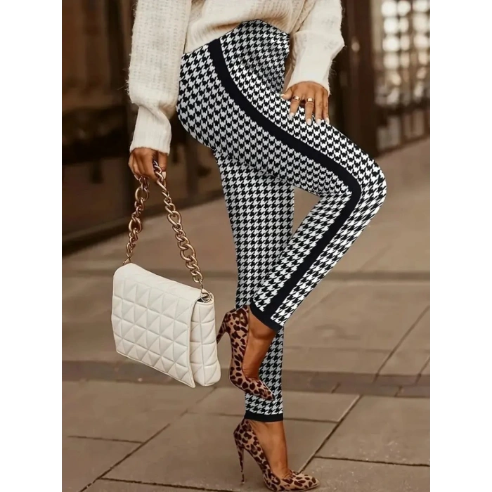 Kadın Yüksek Bel Kaz Ayağı Desenli Yanları şeritli Dalgıç Pantolon