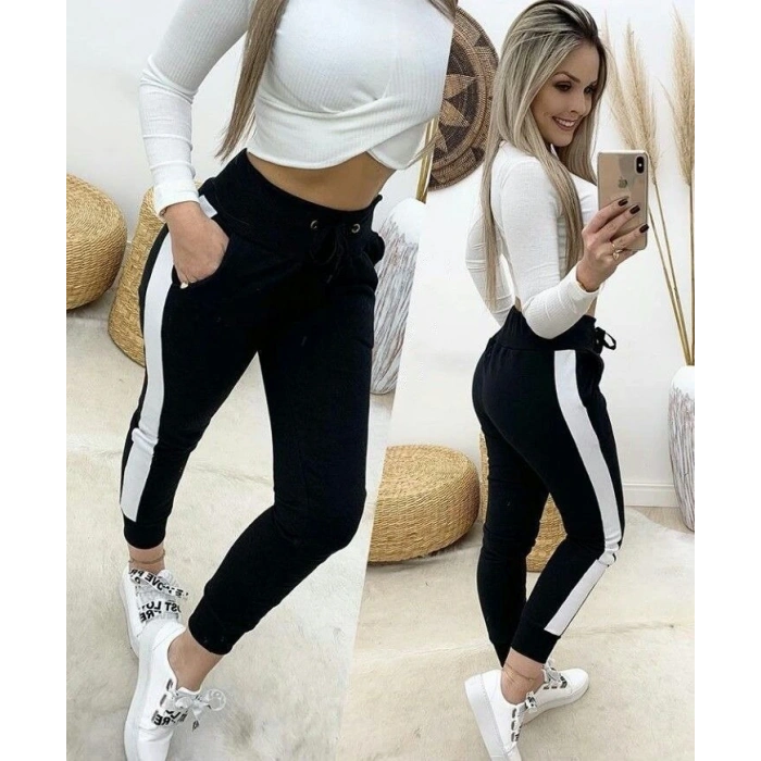 Kadın Yüksek Bel Kuş Gözü Detaylı Bağcıklı Yan şeritli Viskon Iki Iplik Eşofman Altı