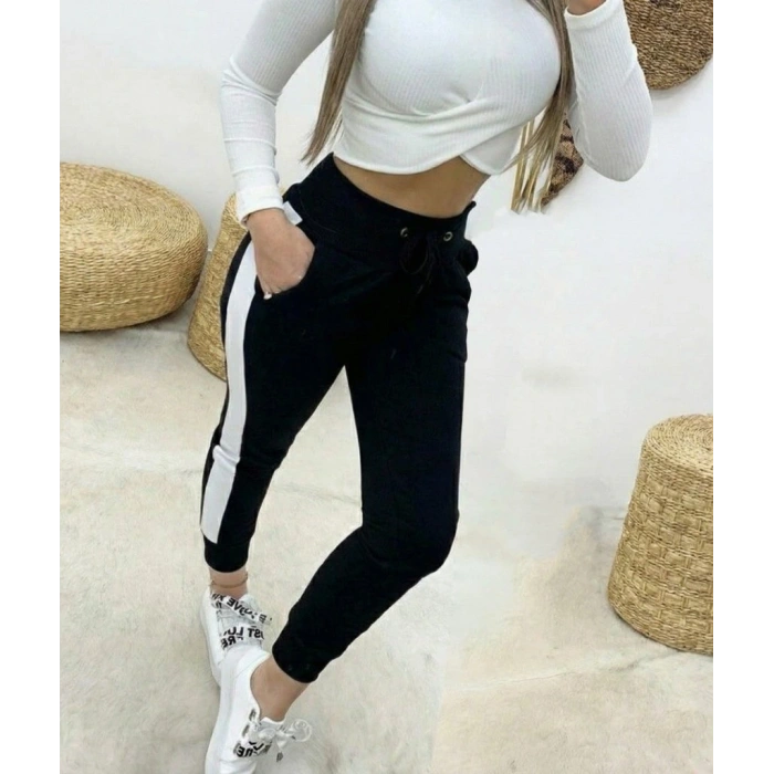 Kadın Yüksek Bel Kuş Gözü Detaylı Bağcıklı Yan şeritli Viskon Iki Iplik Eşofman Altı