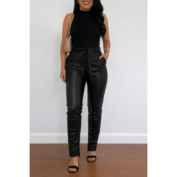Kadın Yüksek Bel Kuşaklı Deri Pantolon