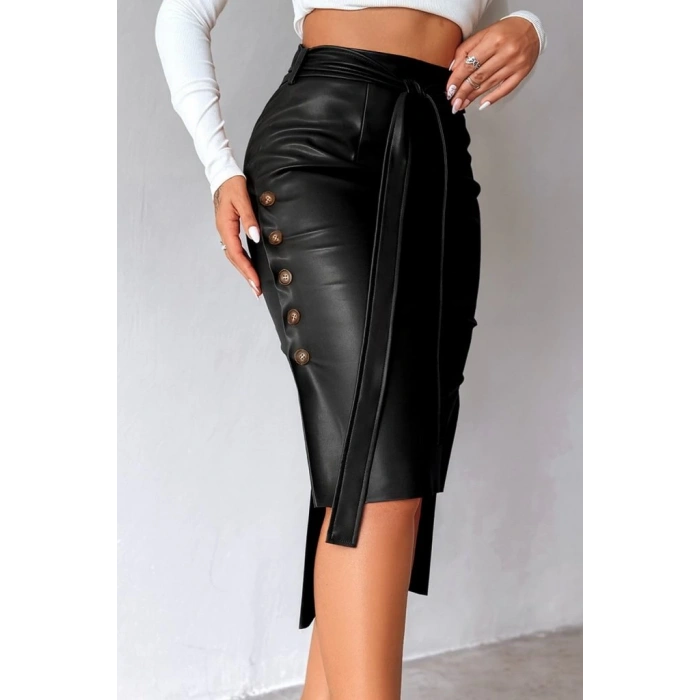 Kadın Yüksek Bel Kuşaklı Yanlardan Düğmeli Mini Deri Etek