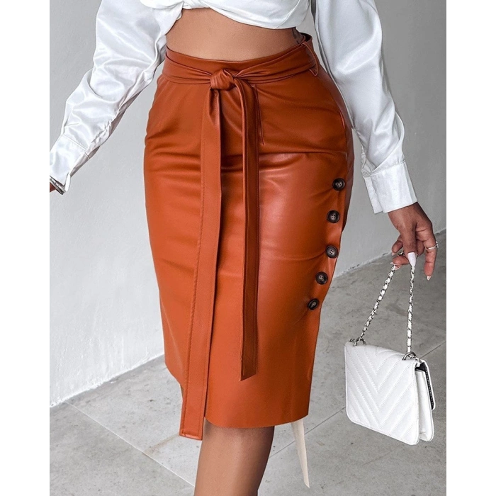 Kadın Yüksek Bel Kuşaklı Yanlardan Düğmeli Mini Deri Etek