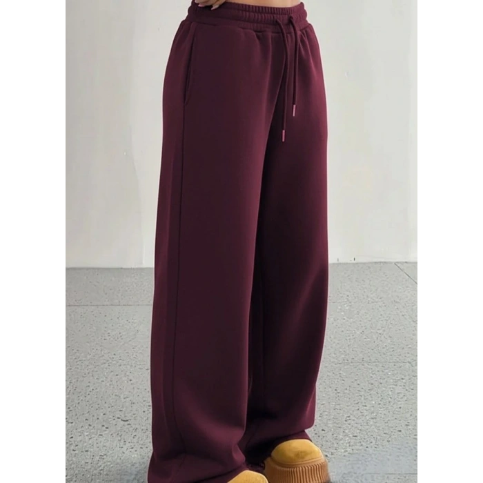 Kadın Yüksek Bel Lastikli Bağcıklı Geniş Kesim Dalgıç Mürdüm Pantolon