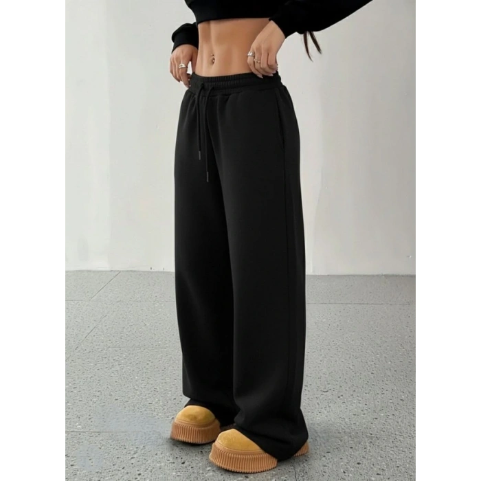 Kadın Yüksek Bel Lastikli Bağcıklı Geniş Kesim Dalgıç Pantolon